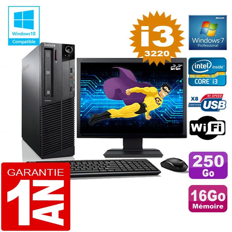 Lenovo M92p SFF Core i3-3220 16GB RAM 250GB SSD WiFi Windows 7 22" Screen