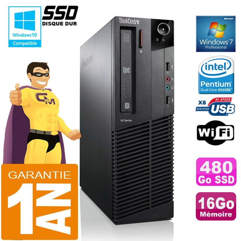 Ordinateur de bureau Lenovo M92p SFF - Intel G630, 16 Go de RAM, 480 Go SSD, lecteur DVD, WiFi, Windows 7 Pro