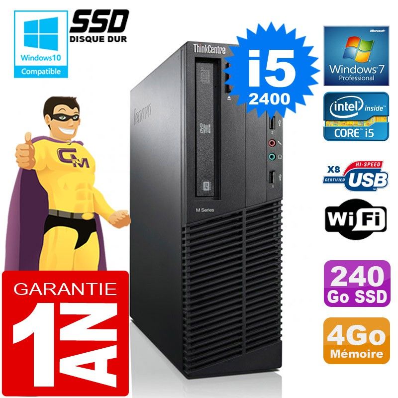 Lenovo M92p SFF Intel Core i5-2400 4 Go RAM 240 Go SSD Lecteur optique DVD Wifi Windows 7