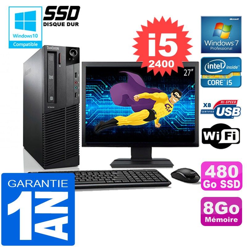 Lenovo M92p SFF Core i5-2400 8GB RAM 480GB SSD WiFi Windows 7 Pro 27" Screen All-in-One PC