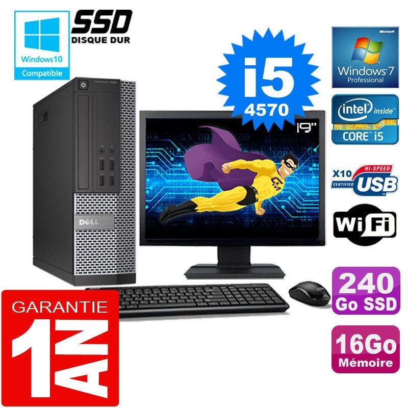 Ordinateur de bureau Dell 7020 SFF - Processeur Intel Core i5-4570, 16 Go de RAM, 240 Go SSD, Wi-Fi, Windows 7 Pro