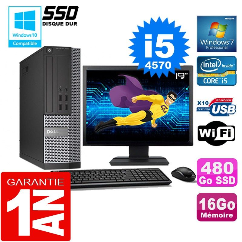 Ordinateur de bureau Dell 7020 SFF - Processeur Core i5-4570, 16 Go de RAM, 480 Go SSD, Wi-Fi, Windows 7 Pro