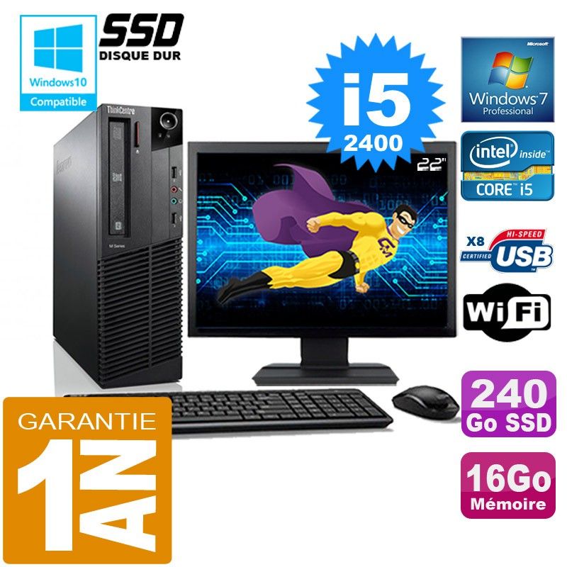 Lenovo M92p SFF Core i5-2400 16GB RAM 240GB SSD Wi-Fi Windows 7 Pro 22" Screen