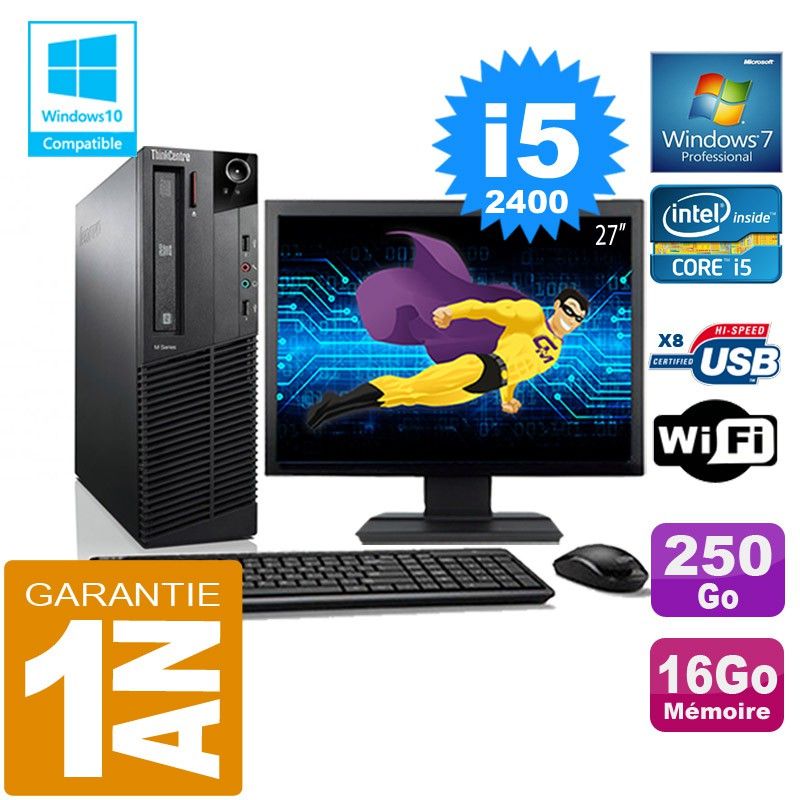 Lenovo M92p SFF Core i5-2400 16GB RAM 250GB SSD WiFi Windows 7 Pro 27" Display