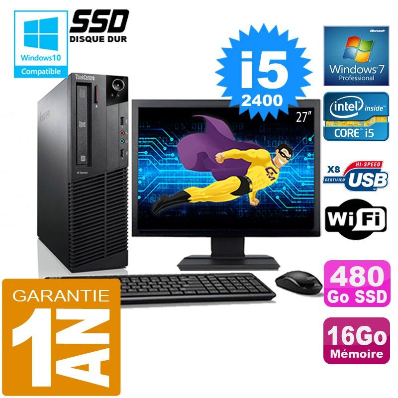 Lenovo M92p SFF Core i5-2400 16GB 480GB SSD Wifi Windows 7 Pro 27" Monitor