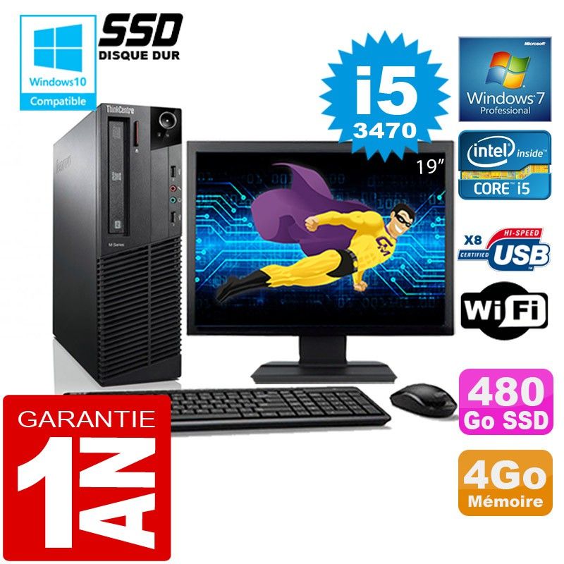 Lenovo M92p SFF Core i5-3470 4GB RAM 480GB SSD Wifi Windows 7 19" Screen