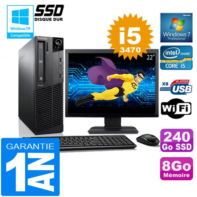Lenovo M92p SFF Core i5-3470 8GB RAM 240GB SSD WiFi Windows 7 Pro 22" Screen