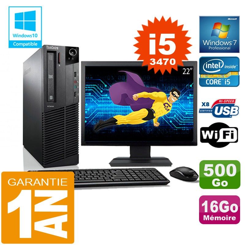 Lenovo M92p SFF Core i5-3470 16GB RAM 500GB SSD WiFi Windows 7 Pro 22" Screen