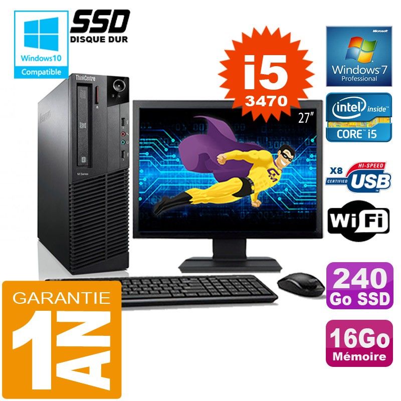 Lenovo M92p SFF Core i5-3470 16GB RAM 240GB SSD Wifi Windows 7 27" Screen All-in-One PC
