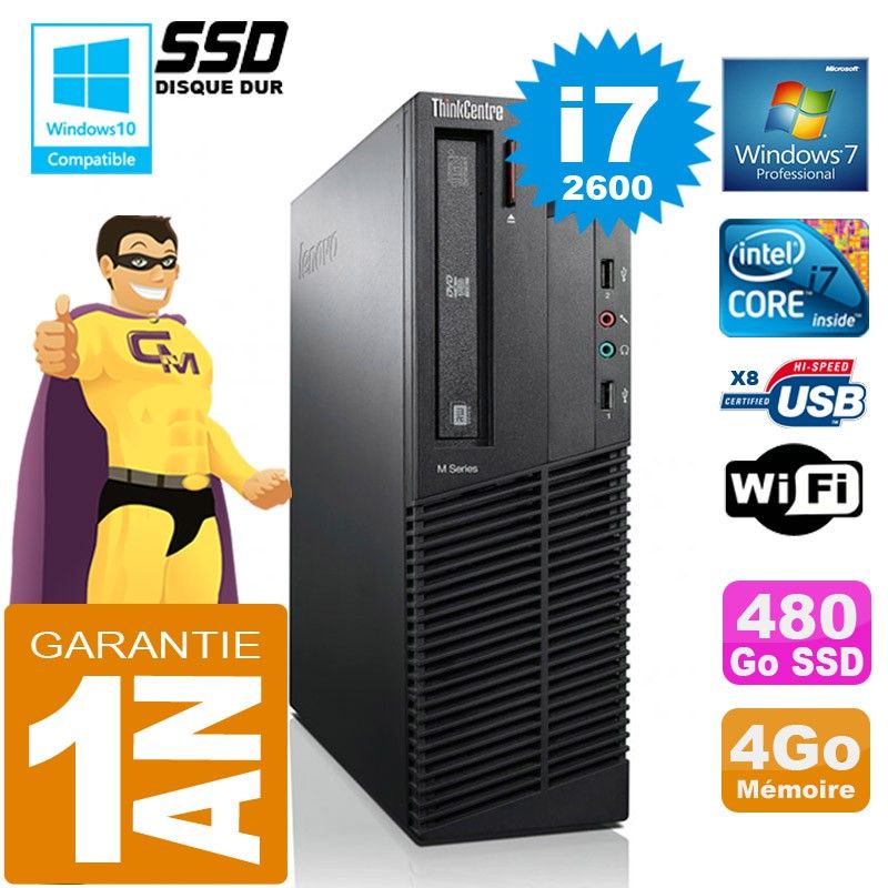 Lenovo M92p SFF Core i7-2600 4GB RAM 480GB SSD DVD Writer WiFi Windows 7 Pro