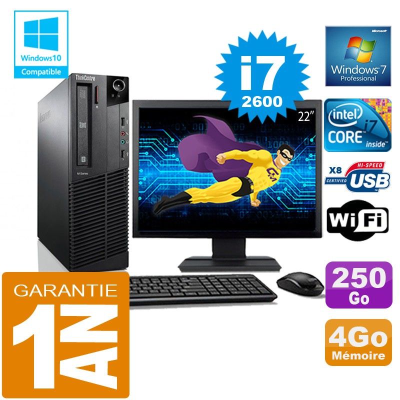 Lenovo M92p SFF Processeur Intel Core i7-2600 4 Go de RAM 250 Go de disque dur Wi-Fi Windows 7 Écran 22"