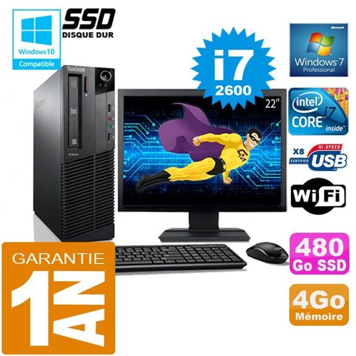 Lenovo M92p SFF con procesador i7-2600, 4GB de RAM, 480GB SSD, WiFi, Windows 7 Pro y pantalla de 22'