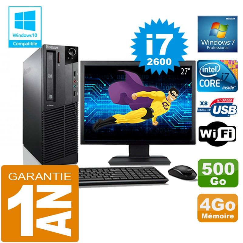 Lenovo M92p SFF Core i7-2600 4GB RAM 500GB SSD WiFi Windows 7 Pro 27" Screen All-in-One PC