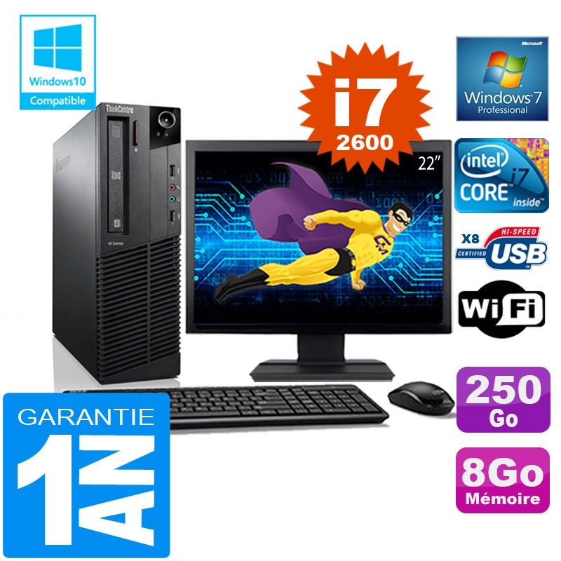 Lenovo M92p SFF Core i7-2600 8GB RAM 250GB SSD WiFi W7 22" Screen