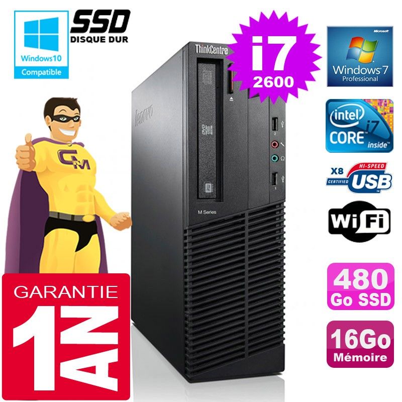 Lenovo M92p SFF Core i7-2600 16GB 480GB SSD DVD Writer WiFi Windows 7 PC