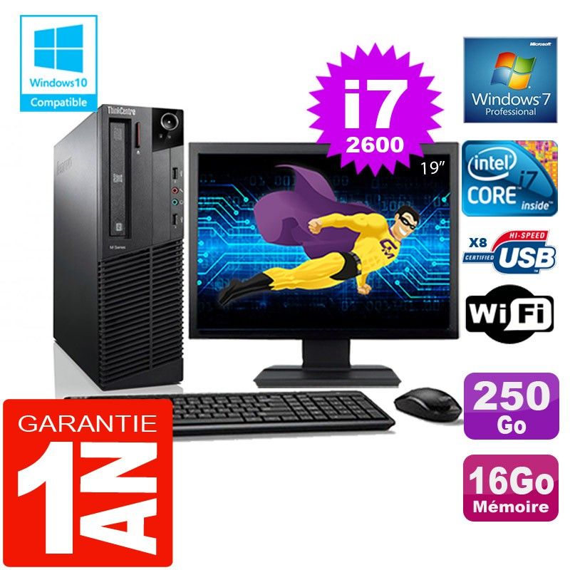 Lenovo M92p SFF Core i7-2600 16GB RAM 250GB SSD WiFi Windows 7 19" Screen
