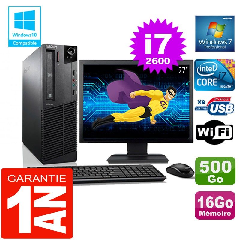 Lenovo M92p SFF Core i7-2600 16GB RAM 500GB SSD WiFi Windows 7 Pro 27" Screen All-in-One PC