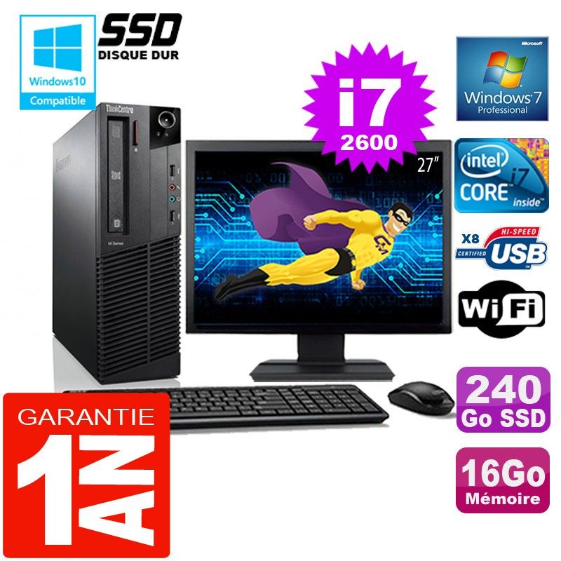 Lenovo M92p SFF Core i7-2600 16GB RAM 240GB SSD WiFi Windows 7 Pro Pantalla de 27"