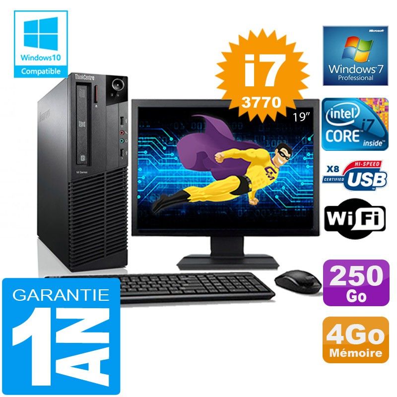 Lenovo M92p SFF Core i7-3770 4GB RAM 250GB SSD WiFi Windows 7 Screen 19