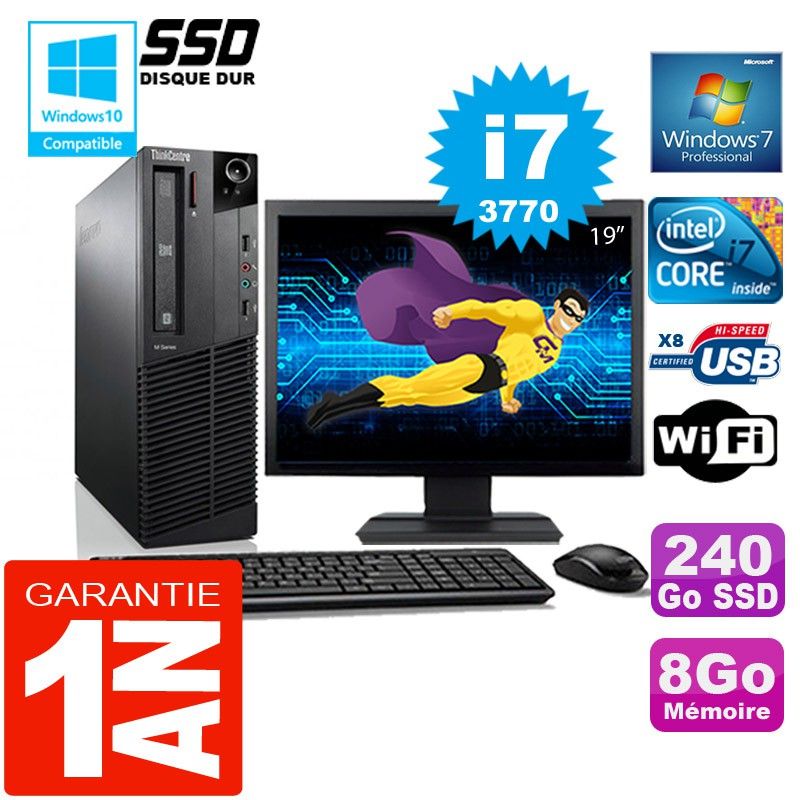 Lenovo M92p SFF Core i7-3770 8GB RAM 240GB SSD WiFi Windows 7 19" Screen