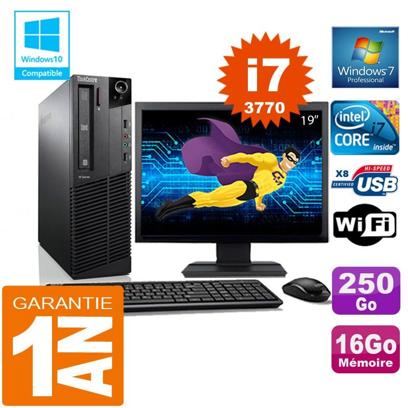 Lenovo M92p SFF Core i7-3770 16GB RAM 250GB SSD WiFi Windows 7 Pro 19" Screen