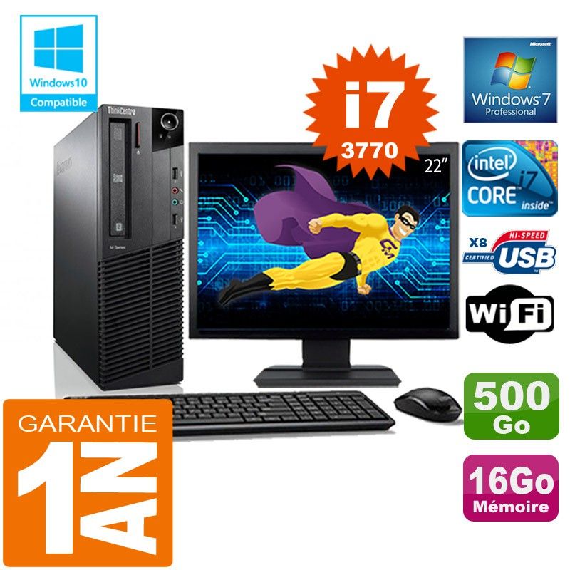 Lenovo M92p SFF Core i7-3770 16GB RAM 500GB SSD WiFi Windows 7 22" Screen