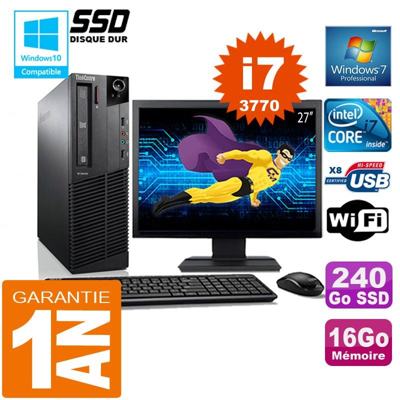 Lenovo M92p SFF Core i7-3770 16GB RAM 240GB SSD WiFi Windows 7 27" Screen All-in-One