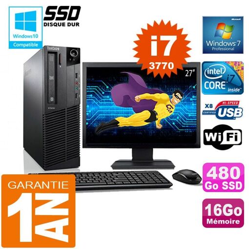 Lenovo M92p SFF con procesador Intel Core i7-3770, 16GB de RAM, 480GB SSD, WiFi, Windows 7 Pro y pantalla de 27 pulgadas