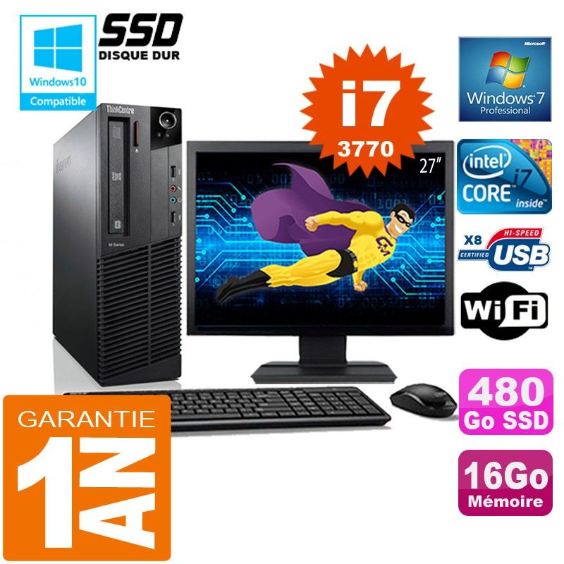Lenovo M92p SFF Core i7-3770 16GB 480GB SSD WiFi Windows 7 Pro 27" Screen All-in-One PC