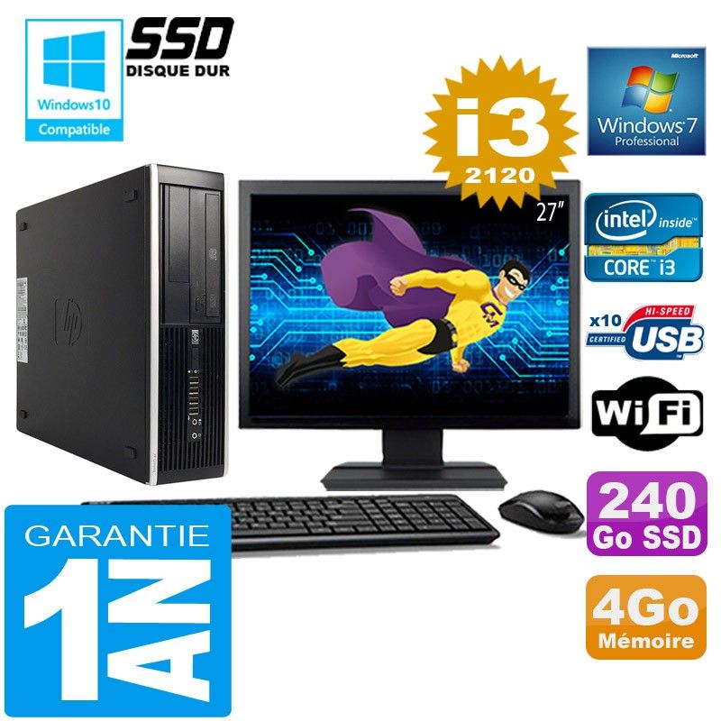 HP Compaq Elite 8300 SFF Processeur Intel Core i3-2120 4 Go de RAM 240 Go SSD Wi-Fi Windows 7 Professionnel Écran 27"