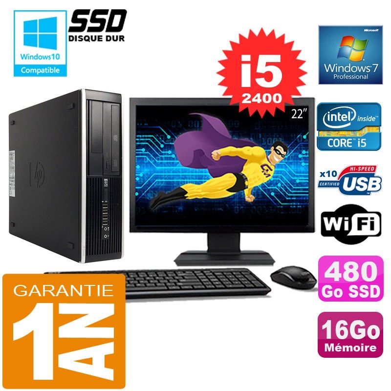 Ordinateur de bureau HP Compaq Elite 8300 SFF - Processeur Intel Core i5-2400, 16 Go de RAM, 480 Go SSD, Wi-Fi, Windows 7 Pro