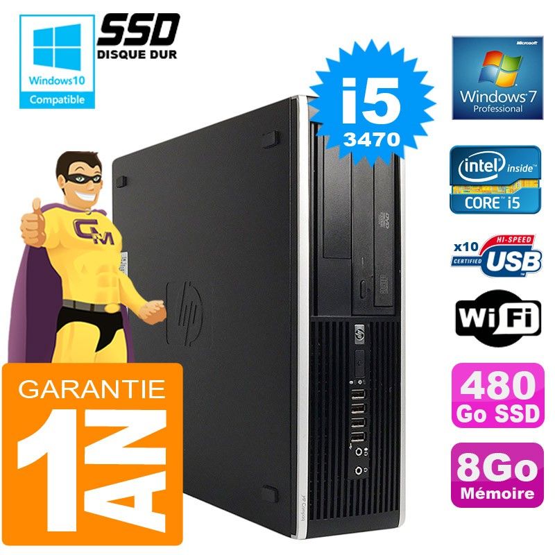 HP Compaq Elite 8300 SFF Desktop PC - Core i5-3470, 8GB RAM, 480GB SSD, DVD Burner, WiFi, Windows 7 Pro