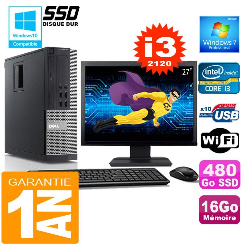 Dell 990 SFF Computer - Core i3-2120, 16GB RAM, 480GB SSD, WiFi, Windows 7 Pro