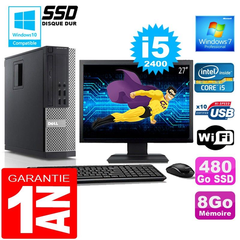 Dell 990 SFF Desktop - Core i5-2400, 8GB RAM, 480GB SSD, WiFi, Windows 7 Pro, 27" Screen
