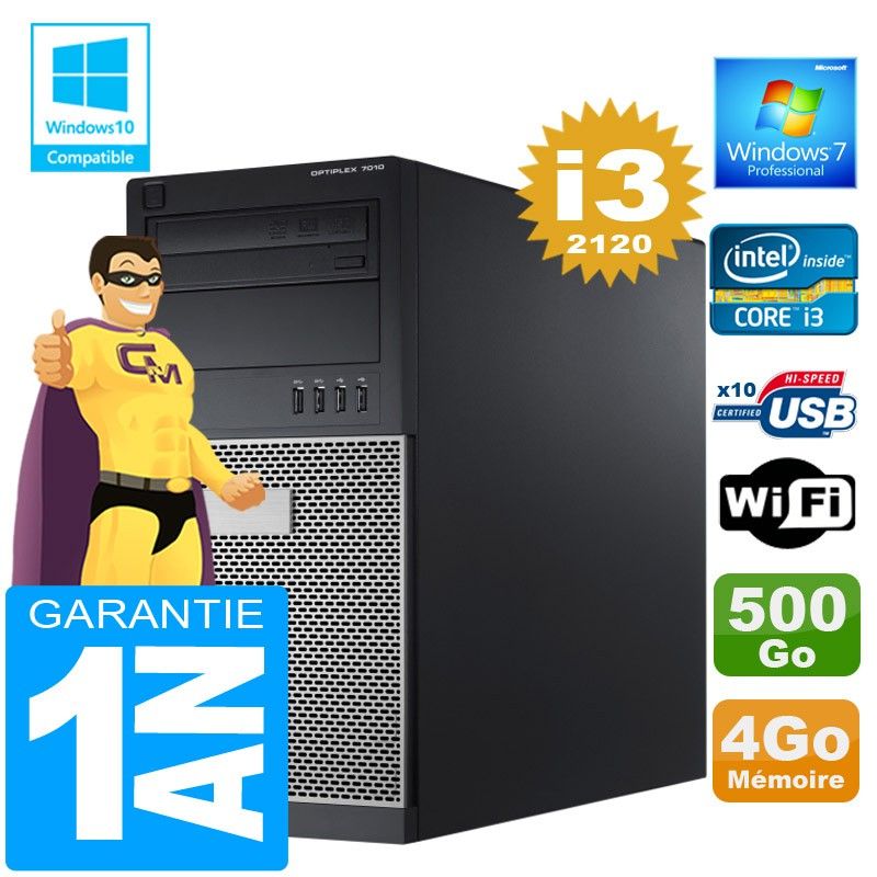 Ordenador de escritorio Dell 7010 MT - Procesador Intel Core i3-2120, 4 GB RAM, 500 GB HDD, WiFi, Windows 7 Pro