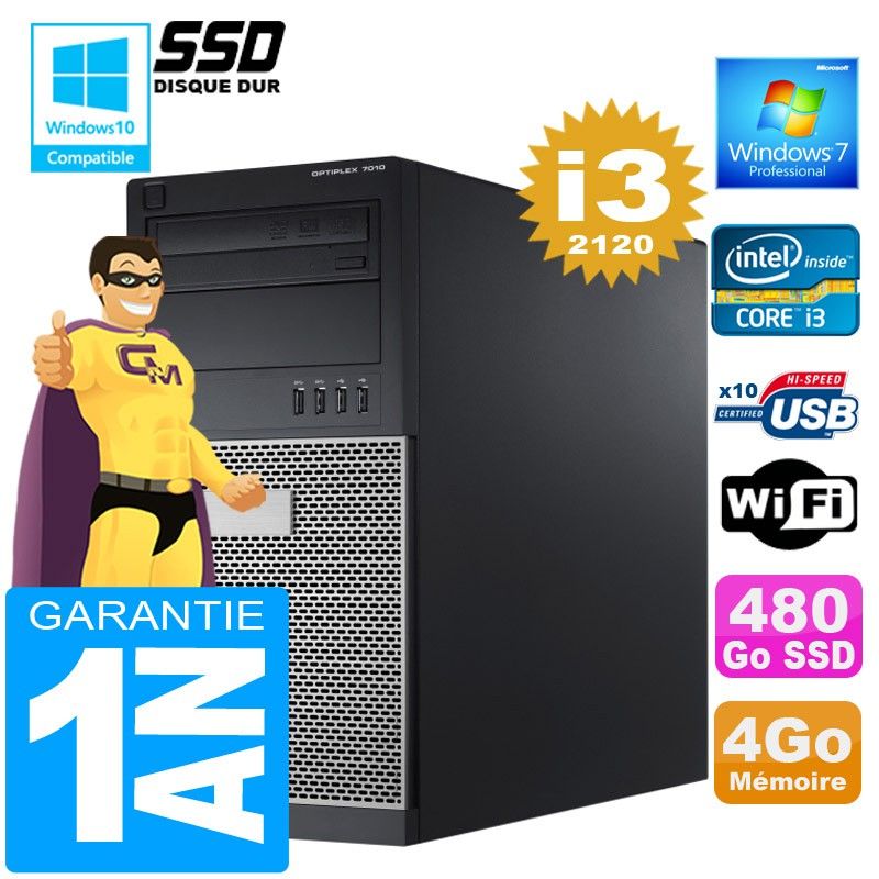 Dell 7010 MT Desktop PC - Core i3-2120, 4GB RAM, 480GB SSD, WiFi, Windows 7 Pro
