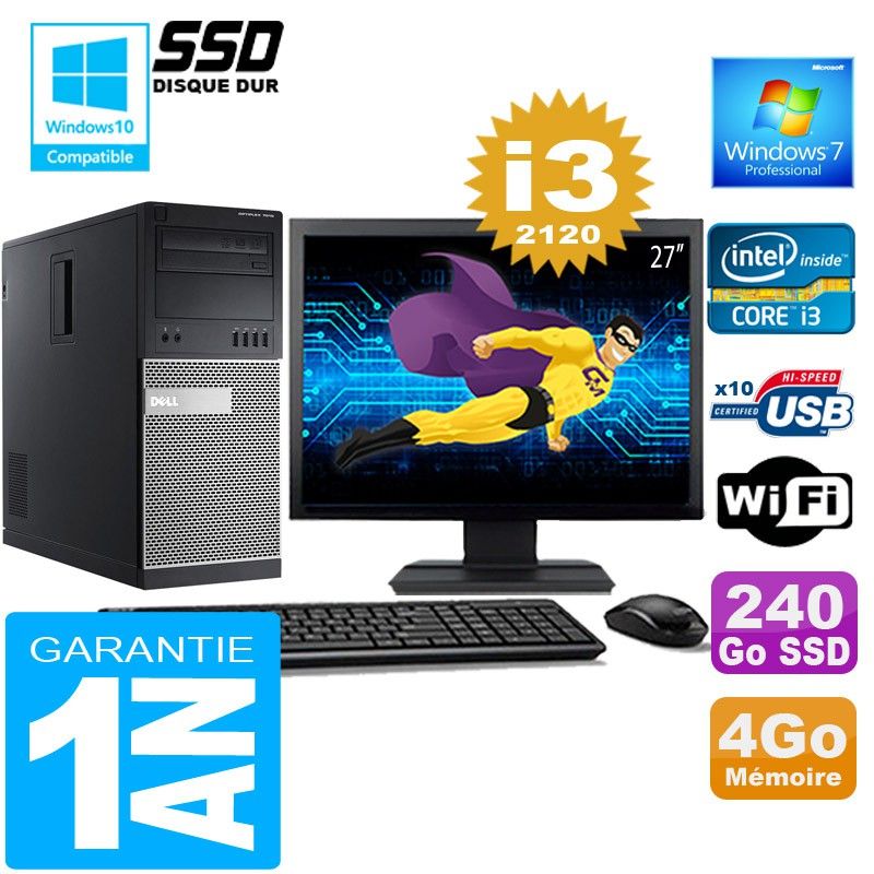 Dell 7010 MT Desktop - Core i3-2120, 4GB RAM, 240GB SSD, WiFi, Windows 7 Pro, 27" Screen