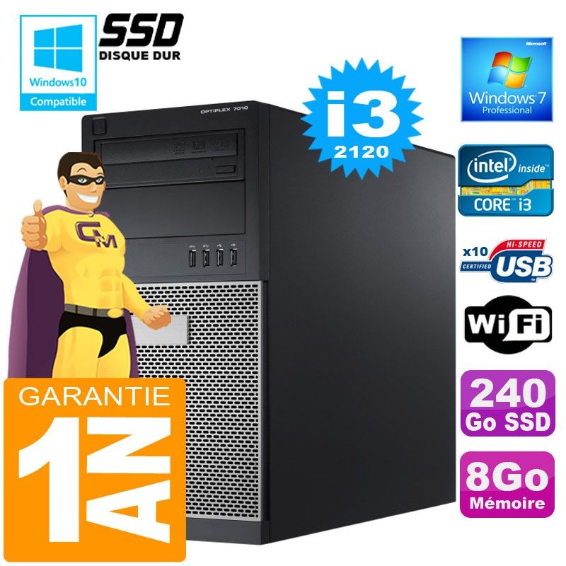 Dell 7010 MT Desktop - Intel Core i3-2120, 8GB RAM, 240GB SSD, WiFi, Windows 7 Pro