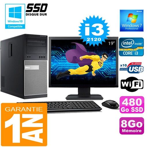 Dell 7010 MT Desktop - Core i3-2120, 8GB RAM, 480GB SSD, WiFi, Windows 7 Pro