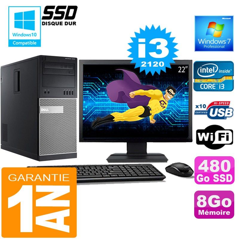Dell 7010 MT Desktop - Core i3-2120, 8GB RAM, 480GB SSD, WiFi, Windows 7 Pro
