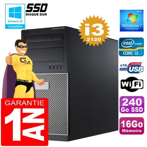 Dell 7010 MT Desktop - Intel Core i3-2120, 16GB RAM, 240GB SSD, Wi-Fi, Windows 7 Pro
