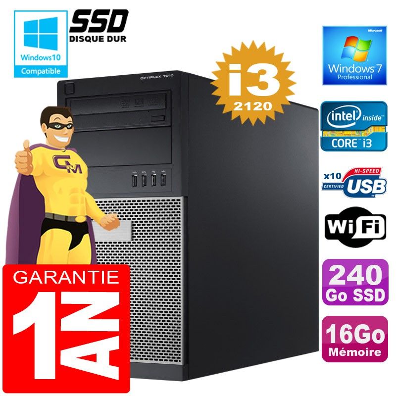 Dell 7010 MT Desktop - Intel Core i3-2120, 16GB RAM, 240GB SSD, Wi-Fi, Windows 7 Pro