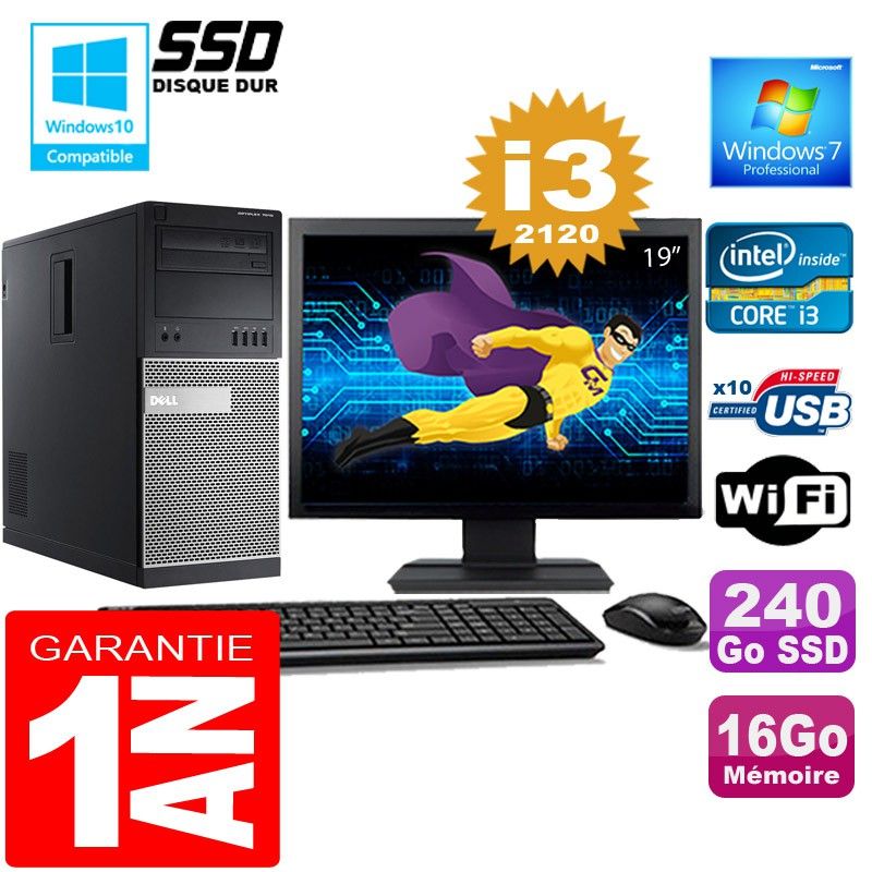 Dell 7010 MT Desktop - Core i3-2120, 16GB RAM, 240GB SSD, WiFi, Windows 7 Pro