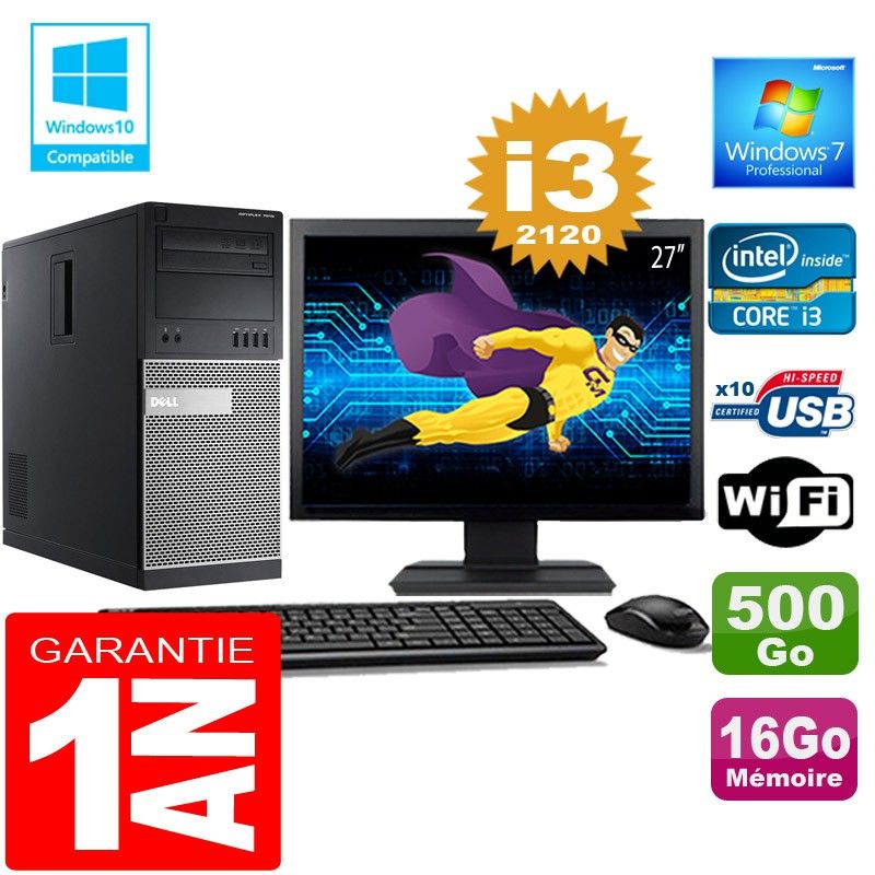 Dell 7010 MT Desktop - Intel Core i3-2120, 16GB RAM, 500GB HDD, WiFi, Windows 7 Pro