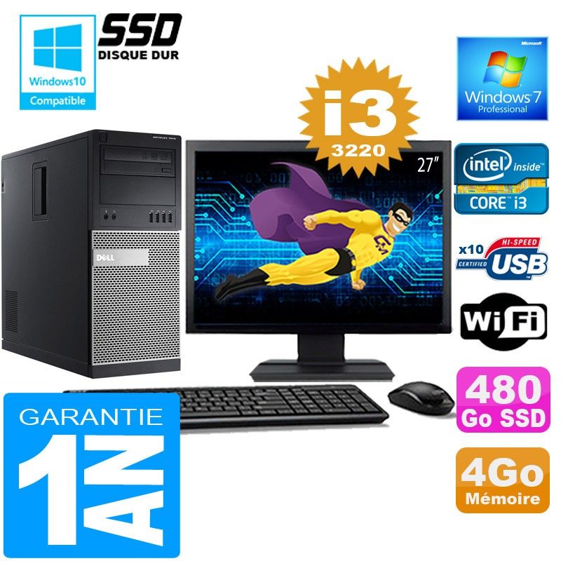 Dell 7010 MT Desktop - Core i3-3220, 4GB RAM, 480GB SSD, WiFi, Windows 7 Pro
