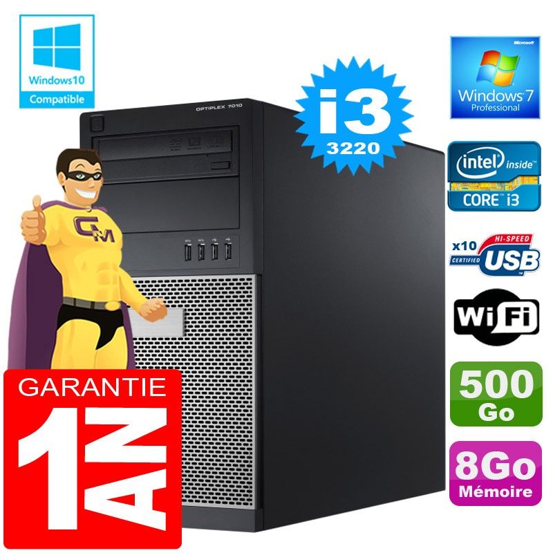 Dell 7010 MT Desktop - Core i3-3220, 8GB RAM, 500GB HDD, DVD Burner, WiFi, Windows 7 Pro
