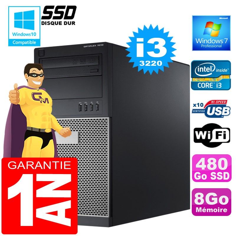 Dell 7010 MT Desktop - Core i3-3220, 8GB RAM, 480GB SSD, DVD Drive, Windows 7 Pro