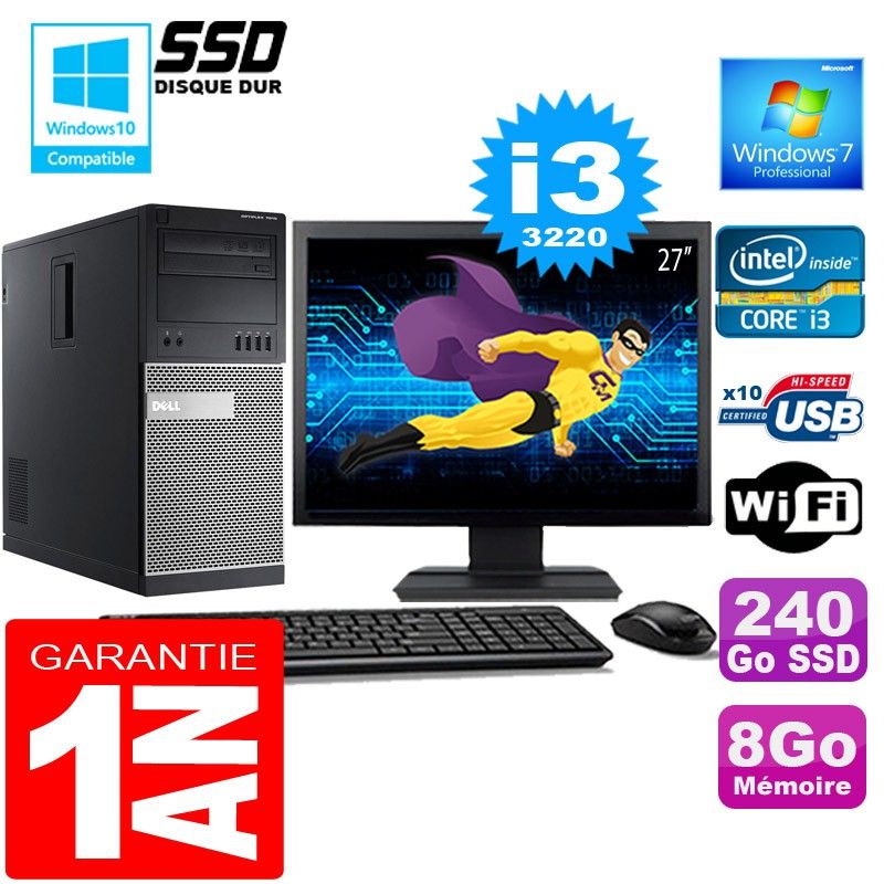 Dell 7010 MT Tower - Intel Core i3-3220, 8GB RAM, 240GB SSD, WiFi, Windows 7 Pro, 27" Screen