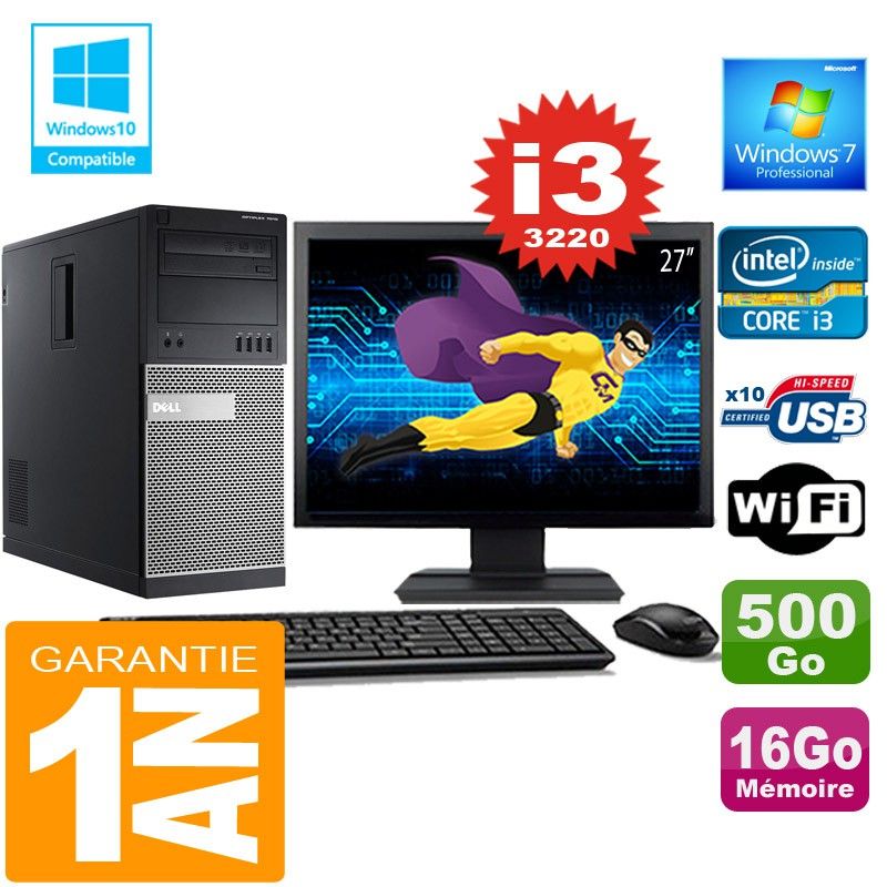 Dell 7010 MT Desktop - Core i3-3220, 16GB RAM, 500GB SSD, WiFi, Windows 7 Pro