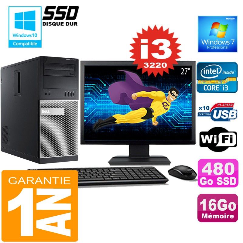 Dell 7010 MT (Tower) Core i3-3220 3.3GHz 16GB RAM 480GB SSD WiFi Windows 7 Pro 27" Screen